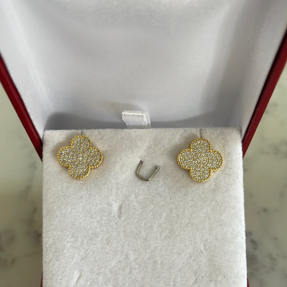 925 sterling silver cz earrings CZ clover plated in 14 k yellow gold
